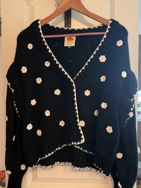 FARM Rio Black Cropped Cardigan with White Crochet Flowers